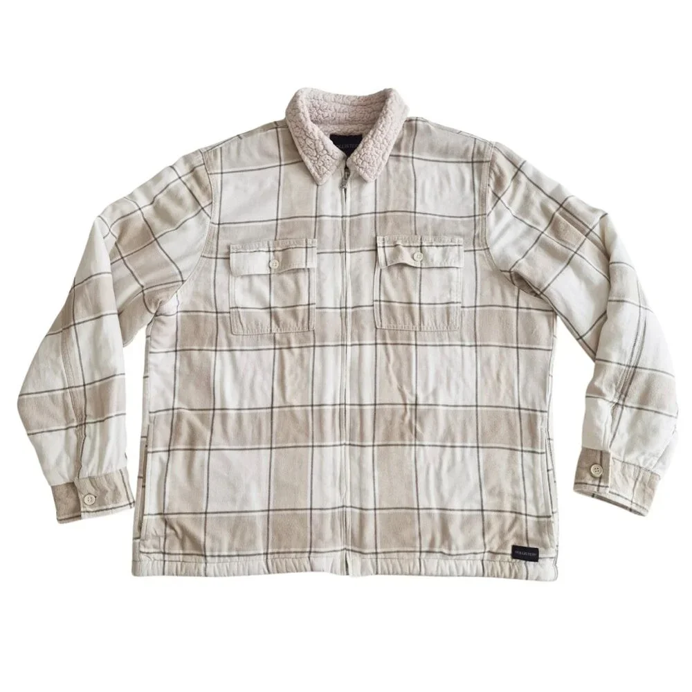 Hollister Sherpa-Lined Flannel Neutral Tan White Color Full Zip Shirt Jacket XL - Picture 8 of 16